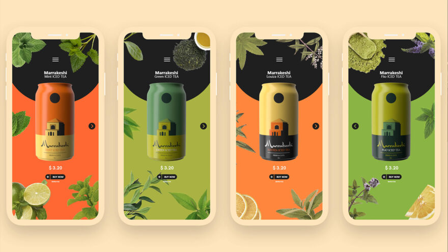 Four mobile screens showcasing the Marrakeshi Iced Tea product design with vibrant colors and intuitive UI